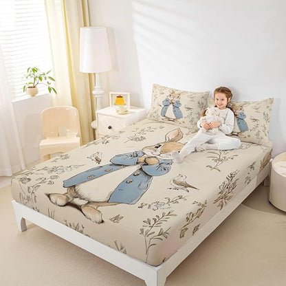 Happy Easter Bed Sheet Full Size Cartoon Cute Rabbit Bird Bedding Set Spring Plants Farmhouse Fitted Sheet Kids Boys Girls Room Decor Beige Soft Sheets with 2 Pillowcase,No Top Flat