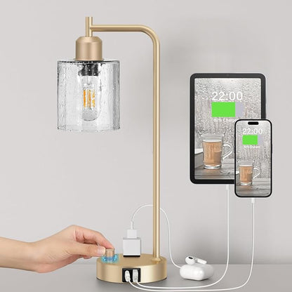 Innqoo Champagne Gold Industrial Bedside Table Lamp for Bedroom - Nightstand Lamps with USB C Charging Port, Fully Dimmable Black Ports and Outlets, Small Desk Glass Shade Office Living Room