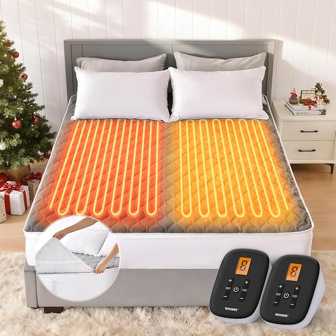 WOOMER Heated Mattress Pad Queen Dual Control - 60"x80" Electric Mattress Pad, 1-10 Heat Settings, 0.5-12H Auto Shut-Off, Removable Velvet Cover, 18" Deep Pocket, ETL Certified, Grey