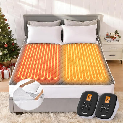 WOOMER Heated Mattress Pad Queen Dual Control - 60"x80" Electric Mattress Pad, 1-10 Heat Settings, 0.5-12H Auto Shut-Off, Removable Velvet Cover, 18" Deep Pocket, ETL Certified, Grey