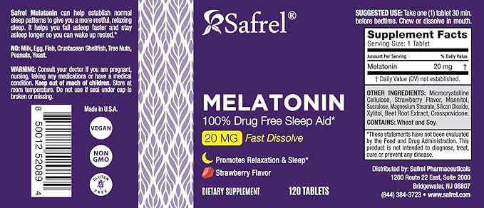 Safrel | Melatonin 20mg | Fast Dissolve Tablets | 120 Count | Strawberry Flavor | Sleep Support | High Absorption Formula | Non-Habit Forming | Vegan