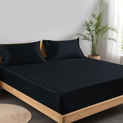 LINENWALAS Fitted Sheet Only Viscose Derived from Bamboo, Bottom Sheet for Twin XL Size Bed – 16” Deep Pocket, All Around Snug Fit – Cooling, Breathable, Soft, Black Halloween Bed Sheet (Jet Black)