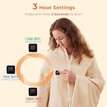 JOLLYVOGUE USB Heated Blanket Throw, Wearable & Portable Heating Electric Blanket for Adults, 3 Levels & 8 Heating Zone Shawl for Indoor & Outdoor, Beige (Battery Not Included)