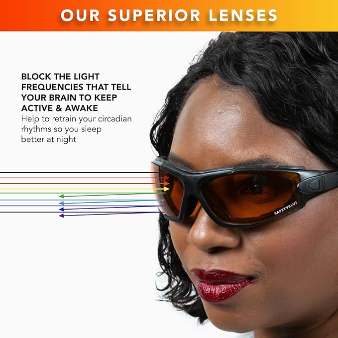 Sleep Savior Deluxe Amber Lens Glasses - Block Blue & Green Light, Boost Melatonin, Enhance Sleep Quality, Reduce Eye Strain, Interchangeable Strap, Padded for Ultimate Comfort