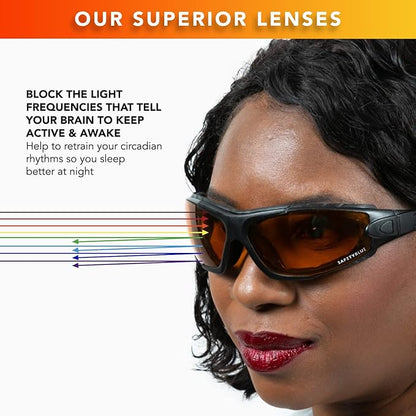 Sleep Savior Deluxe Amber Lens Glasses - Block Blue & Green Light, Boost Melatonin, Enhance Sleep Quality, Reduce Eye Strain, Interchangeable Strap, Padded for Ultimate Comfort