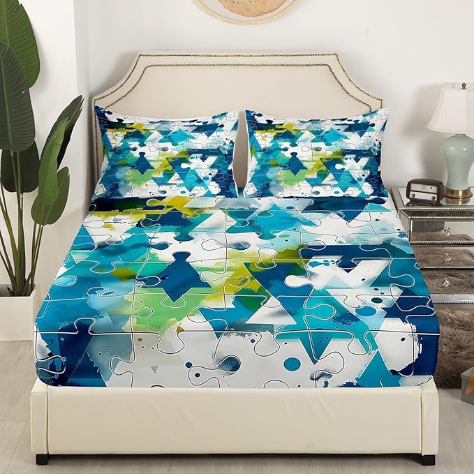 Manfei Abstract Geometric Bed Sheet Queen Size,Watercolor Blue Green Paint Sheets,Modern Geometric Grids Lines Splicing Bedding Sets (1 Fitted,1 Flat,2 Pillowcases) Deep Pocket Bed Sheets