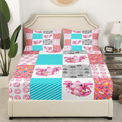 Axolotl Fitted Sheet Twin,Kawaii Donut Animals Splicing Geometric Bed Sheet 2 Pieces Fits Mattress(No Flat Sheet),Pink Blue Sweet Candy Decorative Fabric Bedding All-Round Elastic Pocket