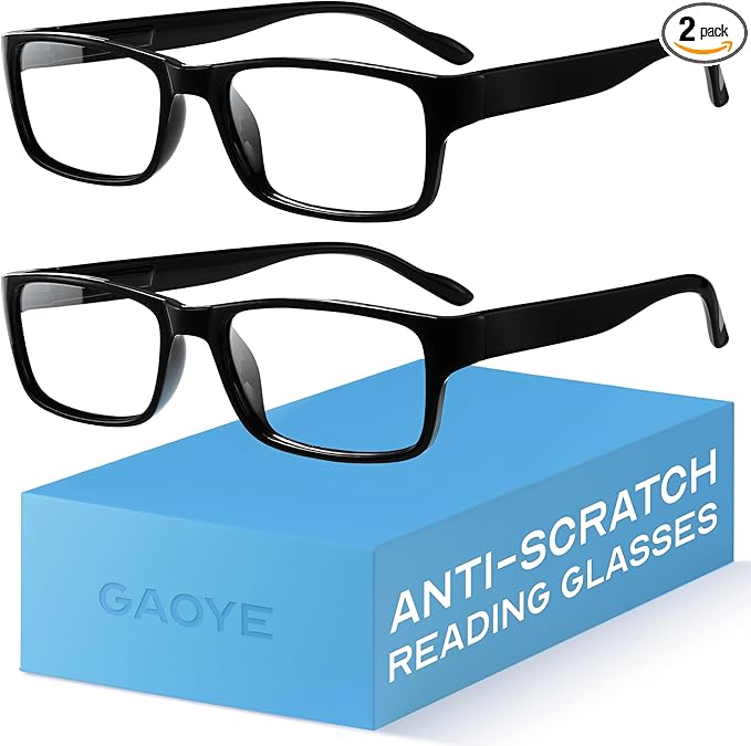 Gaoye +3.0 2-Pack of Reading Glasses - Blue-Light Filter, UV Protection - Readers with Rectangle Frames