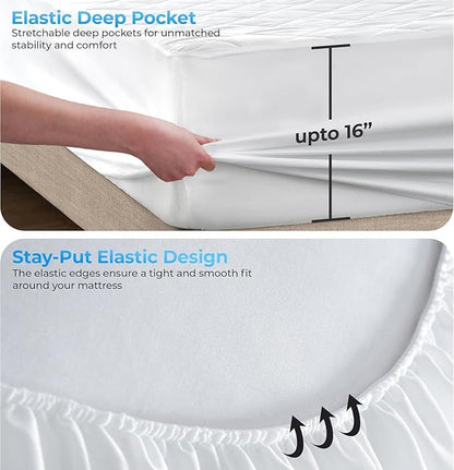 LUX Décor Queen Mattress Pad - Quilted Elastic Fitted Mattress Cover Protector Upto 16 Inches Deep Pocket - Soft Breathable Noiseless Mattress Topper (60 X 80)