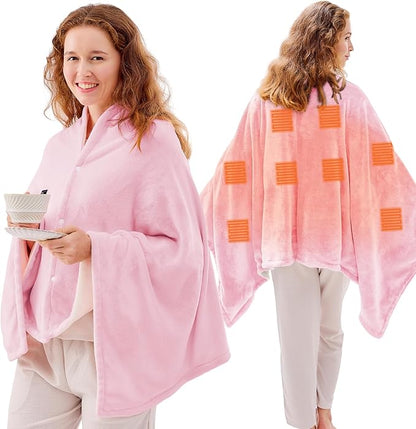 JOLLYVOGUE USB Heated Blanket Throw, Wearable & Portable Heating Electric Blanket for Adults, 3 Levels & 8 Heating Zone Shawl for Indoor & Outdoor, Pink (Battery Not Included)
