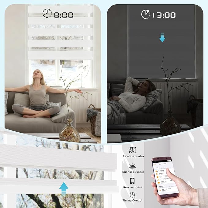 Motorized Zebra Blinds with Remote Smart Blind Work with Homekit Alexa SmartThings Electric Shade Cordless Automatic Solar Powered Window Shade Customize(100% Blackout Pure White)