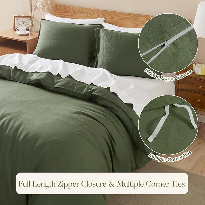 DAPU 100% Linen Duvet Cover Full 3PCs, Pure Natural French Flax Linen Duvet Cover King 80"x90" with Corner Ties and Zipper Closure, Soft Breathable Durable for Hot Sleepers (Olive Green, Full)