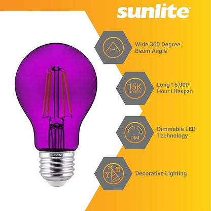 Sunlite 40945 LED Colored Filament A19 Light Bulb, 4.5 Watts, Medium E26 Base, 120 Volts, Transparent Purple, Dimmable, 320 Degree Beam Angle, UL Listed, 6 Count