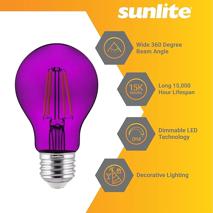 Sunlite 81081 LED Colored Filament A19 Light Bulb, 4.5 Watts, Medium E26 Base, 120 Volts, Transparent Purple, Dimmable, 320 Degree Beam Angle, UL Listed, 2 Count