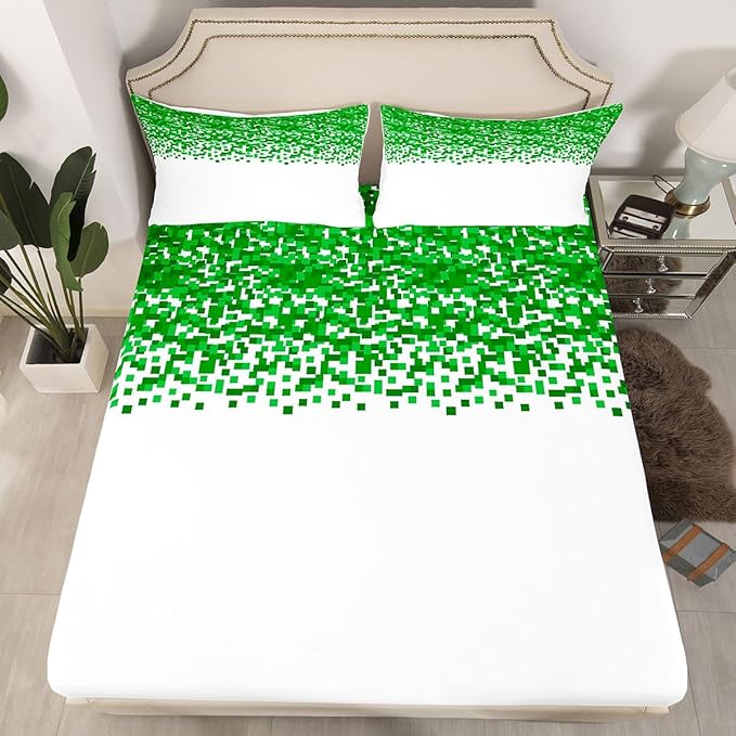 Pixelated Game Kids Full Size Fitted Sheet,Geometric Check Video Games Room Decor,Gamepad Grid Abstract Gaming Boys Girls Bed Sheets,Green White Bedding Set,2 Pillowcases(No Flat)