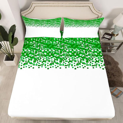 Pixelated Game Boys Girls Bed Sheets,Geometric Check Video Games Room Decor,Gamepad Grid Abstract Gaming Kids Twin Size Fitted Sheet,Green White Bedding Set,1 Pillowcase(No Flat)