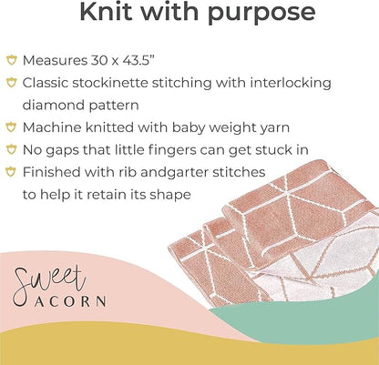 Knit Baby Blanket in Geometric Pattern, Organic Cotton Blankets for Crib or Stroller, Receiving Blankets - Dahlia Pink