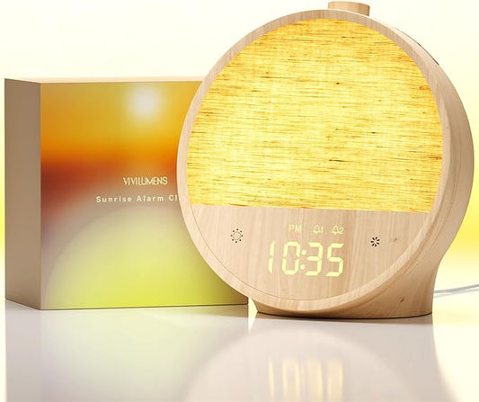 Vivilumens Wood Grain Sunrise Alarm Clock, Gentle Wake-Up Light Sound Machine, Dual Alarms for Heavy Sleepers, Natural Sounds, RGB Mood Light, Dimmable Bedside Night Lamp, Ideal for Bedroom & Gifts