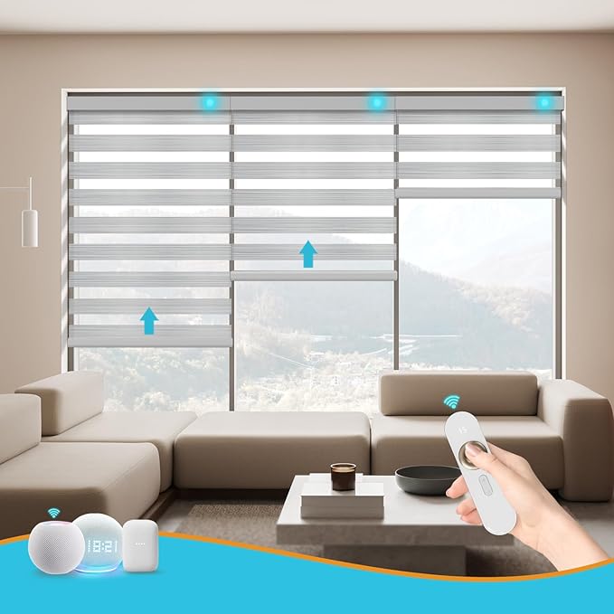 Motorized Zebra Blinds with Remote Smart Blind Work with Homekit Alexa SmartThings Electric Day and Night Shade Cordless Automatic Solar Powered Window Shade Customize(Wooden Texture Sliver)