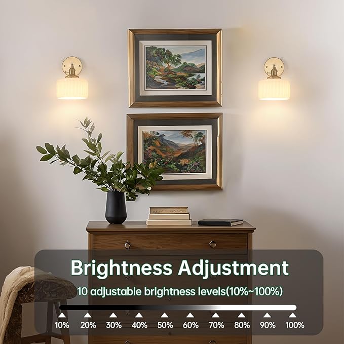 Vintage Battery Operated Wall Sconce with White Striped Glass Lampshade 5000 mAh Rechargeable Battery Powered Wall Light with Remote Control for Bedside Bedroom Doorway, Set of 2