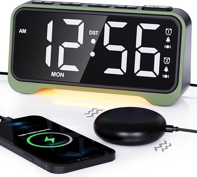 Loud Alarm Clock for Heavy Sleepers Adults, Vibrating Alarm Clock for Teens/Deaf, 7.5" Bright Clear Digital Screen, Adjustable Brightness with Night Light, 3 Levels Bed Shaker Under Pillow, Dual Alarm
