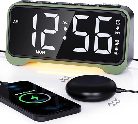 Loud Alarm Clock for Heavy Sleepers Adults, Vibrating Alarm Clock for Teens/Deaf, 7.5" Bright Clear Digital Screen, Adjustable Brightness with Night Light, 3 Levels Bed Shaker Under Pillow, Dual Alarm