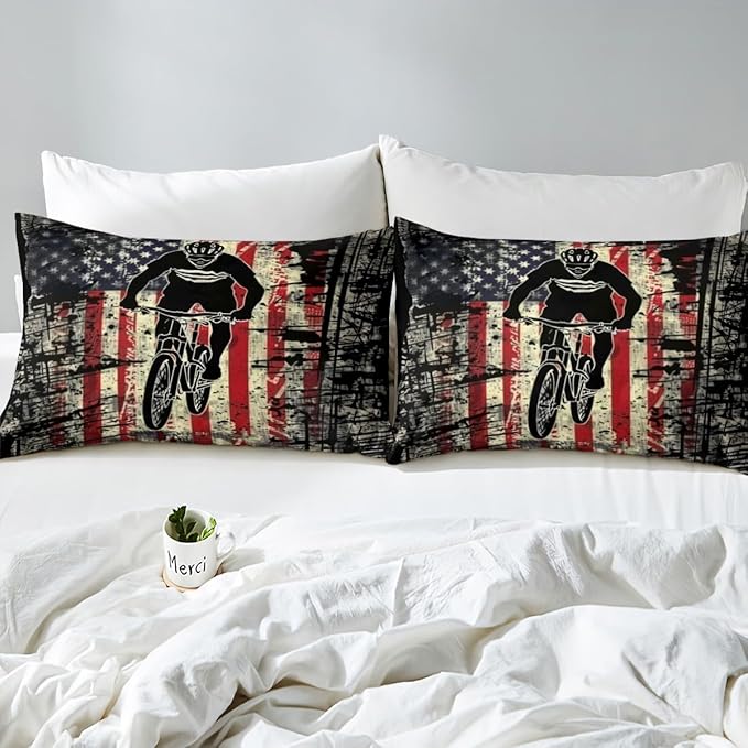 Manfei Cycling Fitted Sheet Full Size, American Flag Bicycle Player Bedding Set 3pcs, Racing Sports Theme Bed Cover with 2 Pillowcases, Kids Boys Teens Room Decor, Soft Bedding(No Top Sheet)