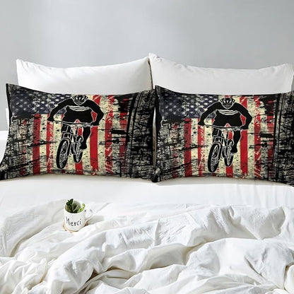 Manfei Cycling Fitted Sheet Full Size, American Flag Bicycle Player Bedding Set 3pcs, Racing Sports Theme Bed Cover with 2 Pillowcases, Kids Boys Teens Room Decor, Soft Bedding(No Top Sheet)