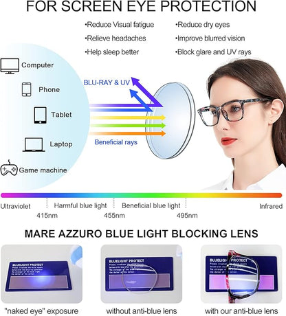 MARE AZZURO Blue Light Blocking Reading Glasses Women Computer Readers 100 125 150 175 200 225 250 275 300 350 400 500 600 (Black-floral, 1.0)