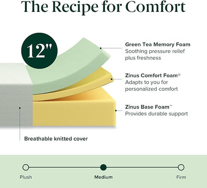 Zinus 12 Inch Twin Green Tea Memory Foam Mattress [New Version], Fiberglass Free, Medium Firm Feel, Zoned Pressure Relief, Certified Safe Foams & Fabric, Mattress in A Box