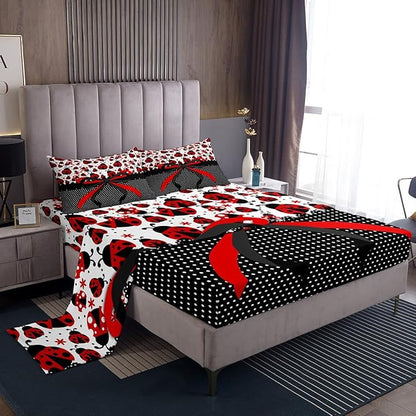 Manfei Red Black Bowknot Kids Sheet Full Size,Ladybug Ladybird Beetle Insect Rustic Girls Boys Bedding Set Decor,Geometric Polka Dots Bow Tie Cute Bed Sheet Set 4pcs(Fitted + Flat + 2 Pillowcases)