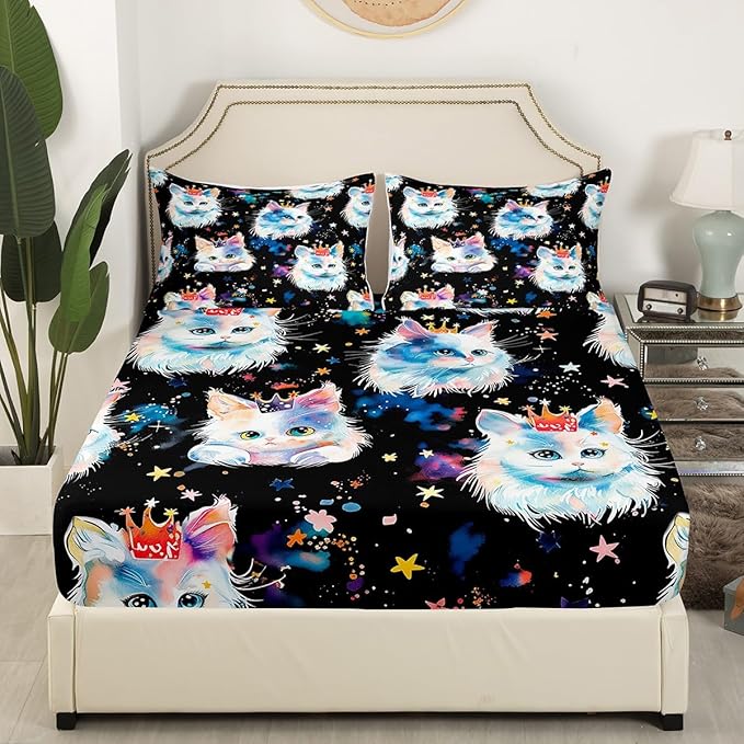 Cartoon Cats Kids Fitted Sheet Twin Size,Watercolor Crown Castle Princess Style Bedding Set,Girls Women Room Decor,Stars Starry Sky Cloud Bed Cover,Cute Romantic Bed Sheet,1 Pillowcase
