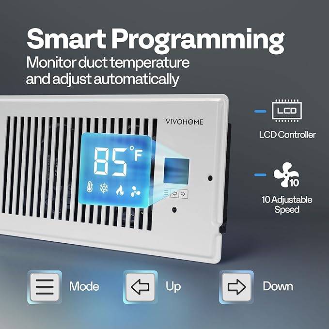 VIVOHOME 4"x10" Opening Smart Vent Register Booster Fan with Intelligent Thermostat & 10-Speed Remote Control - 11.4" x 5.5‘’ Vent Cover for Room, Floor, Wall - White
