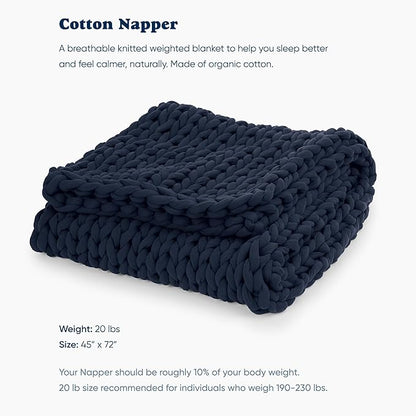 Bearaby Cotton Hand-Knit Weighted Blankets for Adults - Chunky Knit Blanket - Sustainable, Breathable, Organic, Cooling Weighted Blanket - Machine Washable (Midnight Blue, 20 lbs, 45"x72")