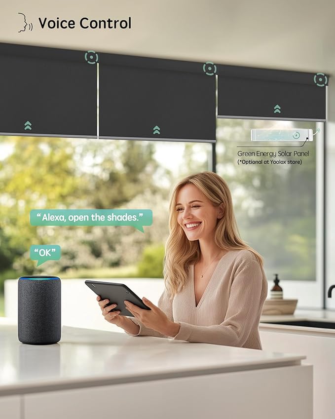 Yoolax Motorized Blinds with Remote, Waterproof Smart Blinds for Windows Blackout Automatic Shades Work with Alexa Remote Control Roller Window Shades with Valance, Custom Size (Vinyl-Dark Grey)
