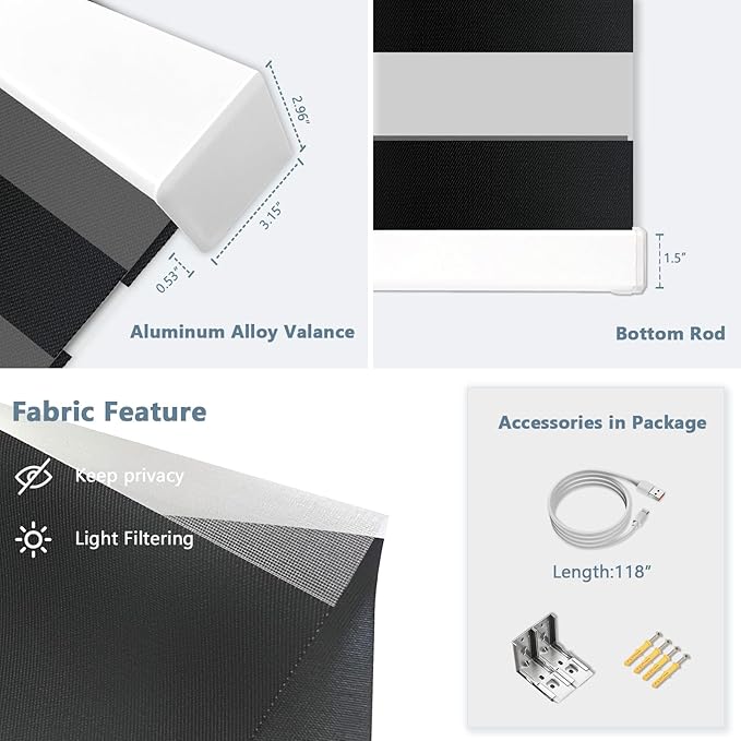 Motorized Zebra Blinds for Windows Cordless Electric Curtains with Remote Control Blackout Shades Custom Smart Blinds Compatible with Alexa Google Home(Light Filtering Black,W41 X 72in)