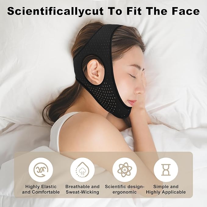 Sleep Apnea Devices - Chin Strap for Sleeping, Airflow Jaw Strap, Effective Anti Snoring Solution for Men and Women, Anti Snore Devices Breathable and Reusable (Black & 54CM & 1PCS）