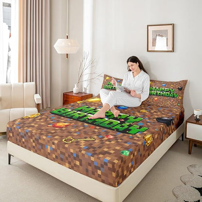 Tree Kids Queen Size Fitted Sheet,Plant Camo Branches Leaves Boys Girls Bed Sheets,Natural Landscape Retro Room Decor,Brown Bedding Set,2 Pillowcases(No Flat)