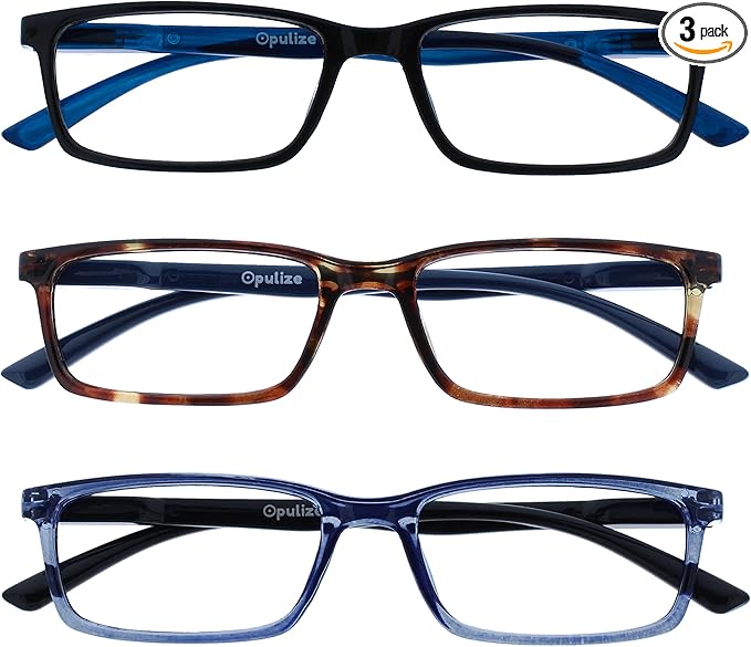 OPULIZE SEE Reading Glasses with Blue Light Blocking for Women and Men, Narrow Frame, Spring Hinges, Computer Gaming Glasses, Black,Brown,Blue +2 (Pack of 3)