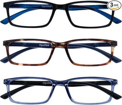 OPULIZE SEE Reading Glasses with Blue Light Blocking for Women and Men, Narrow Frame, Spring Hinges, Computer Gaming Glasses, Black,Brown,Blue +2.5 (Pack of 3)