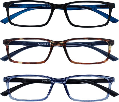 OPULIZE SEE Reading Glasses with Blue Light Blocking for Women and Men, Narrow Frame, Spring Hinges, Computer Gaming Glasses, Black,Brown,Blue +1 (Pack of 3)