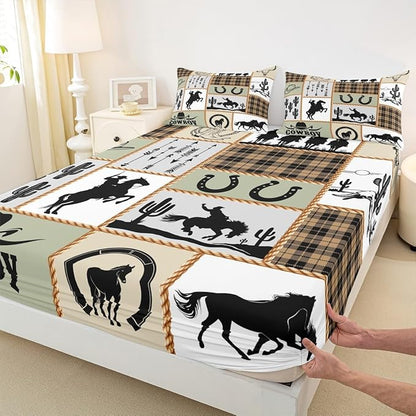 Western Cowboy Kids Sheet Full Size,Horseshoes Cactus Arrows Plaids Patchwork Bedding Set,Boys Girls Adults Room Decor,Rustic Farmhouse Country Bed Sheet Set 4pcs(Fitted + Flat + 2 Pillowcases)