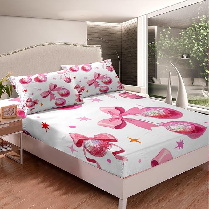 70s 80s Pop Music Fitted Sheet Twin Size,Cherry Disco Ball Pink Bedding All-Round Elastic Pocket,Girly Bowknot Princess Style Bed Sheet 2 Pieces Fits Mattress