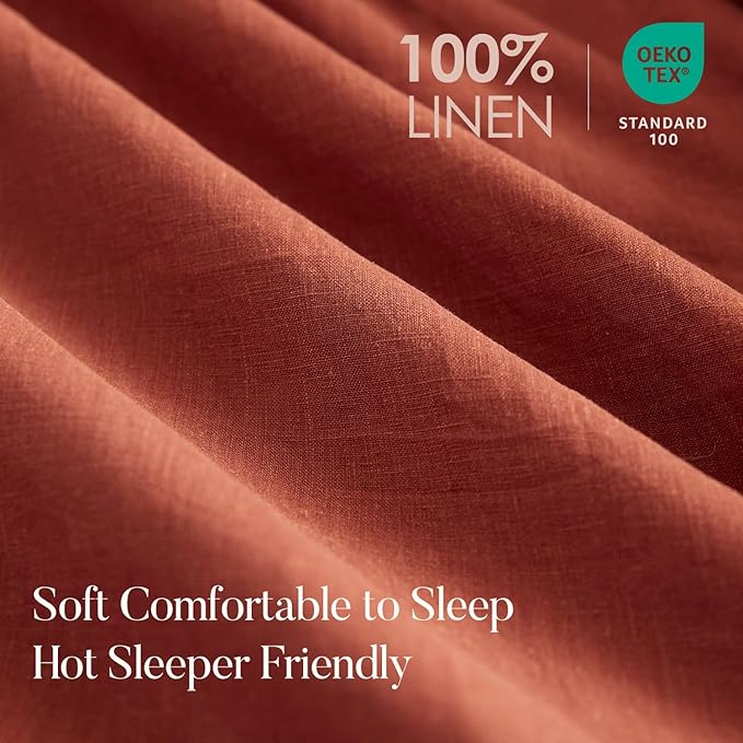 DAPU 100% Linen Duvet Cover Set - Pure Natural French Flax Linen with Corner Ties and Zipper Closure Soft Breathable Durable for Hot Sleepers 1 Duvet Cover 2 Pillowcases (Rust Red, Queen/Full)