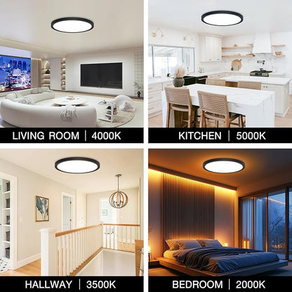 Dimmable LED Flush Mount Ceiling Light Fixture with Remote Control, 24W 2400LM, 12Inch, 2000K Warm Night Light & 3000K-6500K, Modern Super Slim Ceiling Lamp for Bedroom Kitchen, Black, 1 Pack