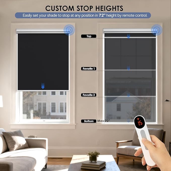 Motorized Roller Blinds with Remote Control & Solar Panel - 100% Blackout Smart Blinds, Automatic, Cordless, Electric Shades - Compatible with Alexa - Black, 46" W x 72" H