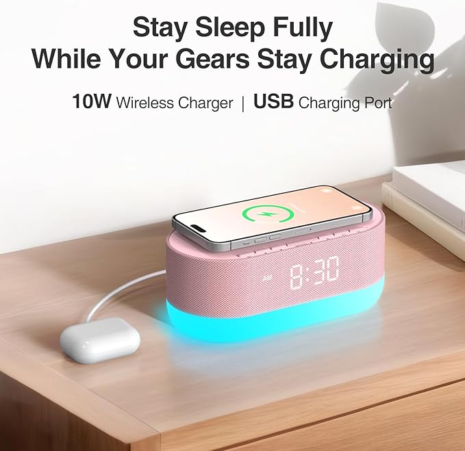 HOUSBAY Sound Machine with Alarm Clock for Bedrooms, Dual Speakers, 21 HiFi Sounds, 10W Wireless Charger, Unlimited Sound, Bluetooth, 10 Night Light, White Noise Machine for Sleeping, Pink