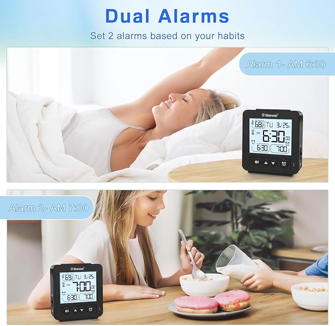 Geevon Small Digital Alarm Clock for Heavy Sleepers, Portable Travel Atomic Clock with Battery Powered, Compact Desk Table Clock with Auto Light Night, Dual Alarms, 8s Backlight for Bedroom, Black