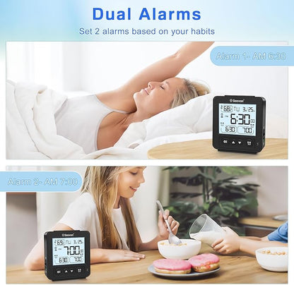 Geevon Small Digital Alarm Clock for Heavy Sleepers, Portable Travel Atomic Clock with Battery Powered, Compact Desk Table Clock with Auto Light Night, Dual Alarms, 8s Backlight for Bedroom, Black
