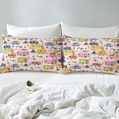 Happy Camping Kids Fitted Sheet Queen Size,Colorful Cartoon Camper Truck RV Trailer Bedding Set,Girls Women Room Decor,Outdoor Adventure Trip Bed Cover,Pink Bed Sheet,2 Pillowcases(No Top Sheet)
